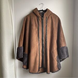 Poncho Sherpa-lined with Leather Trim and Faux-Fur Hem